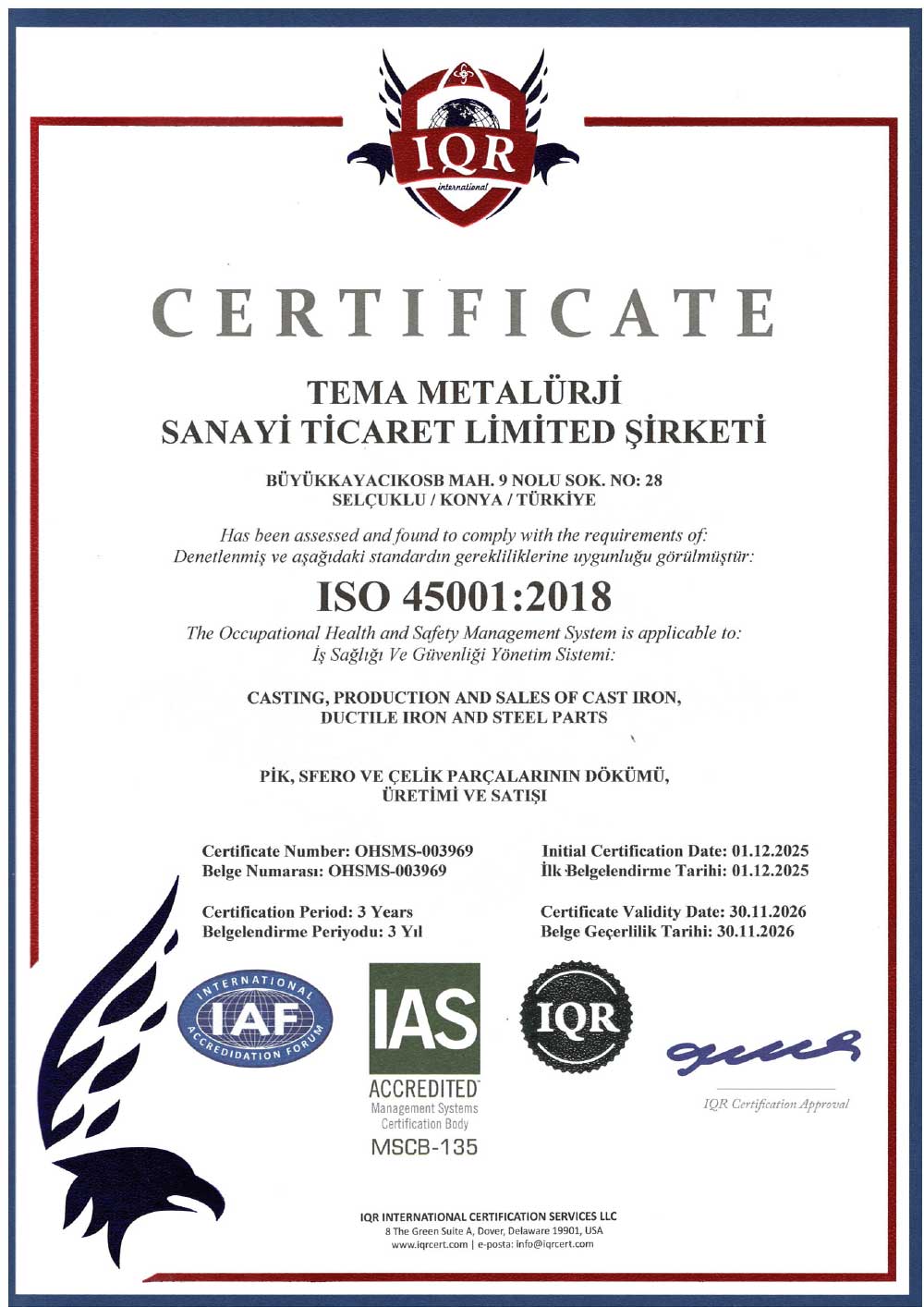 TEMA METALÜRJİ ISO 45001